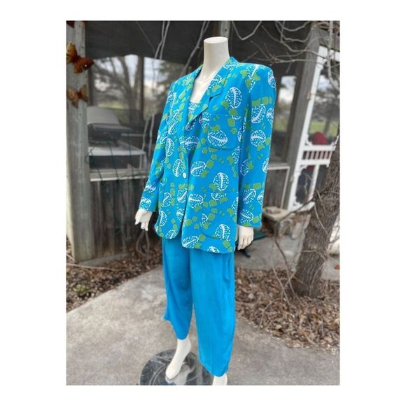 Alfred Sung Vintage 90s 100% Silk 3 Piece Dress Suit Turquoise Green Abstract - Picture 2 of 16